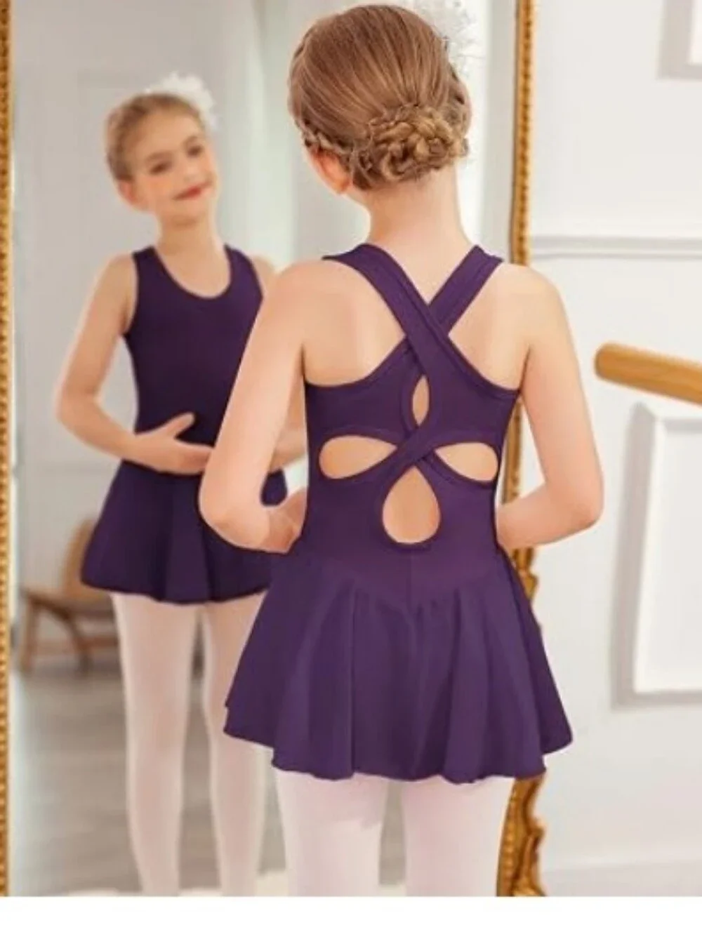 Girls Hollow Back Ballet Leotard with Skirt Sleeveless Dance Dress Purple